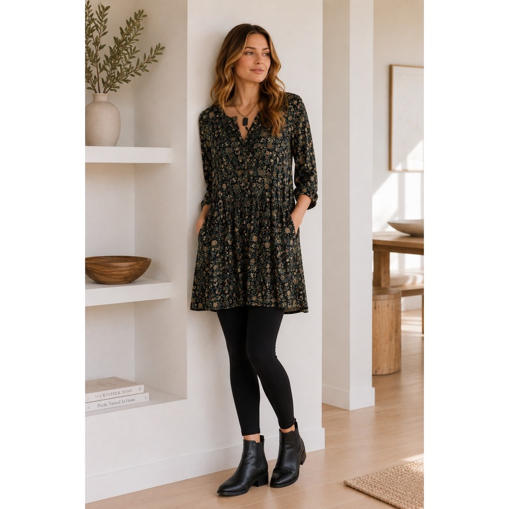 Peruvian Connection Floral Tunic Dress Pima Cotton Modal Jersey Pockets L